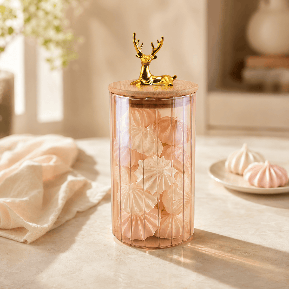 S.G Amber Ribbed Wooden Lid AND Gold Deer Ornament on Lid Glass Jar Kaka Bawa Sons