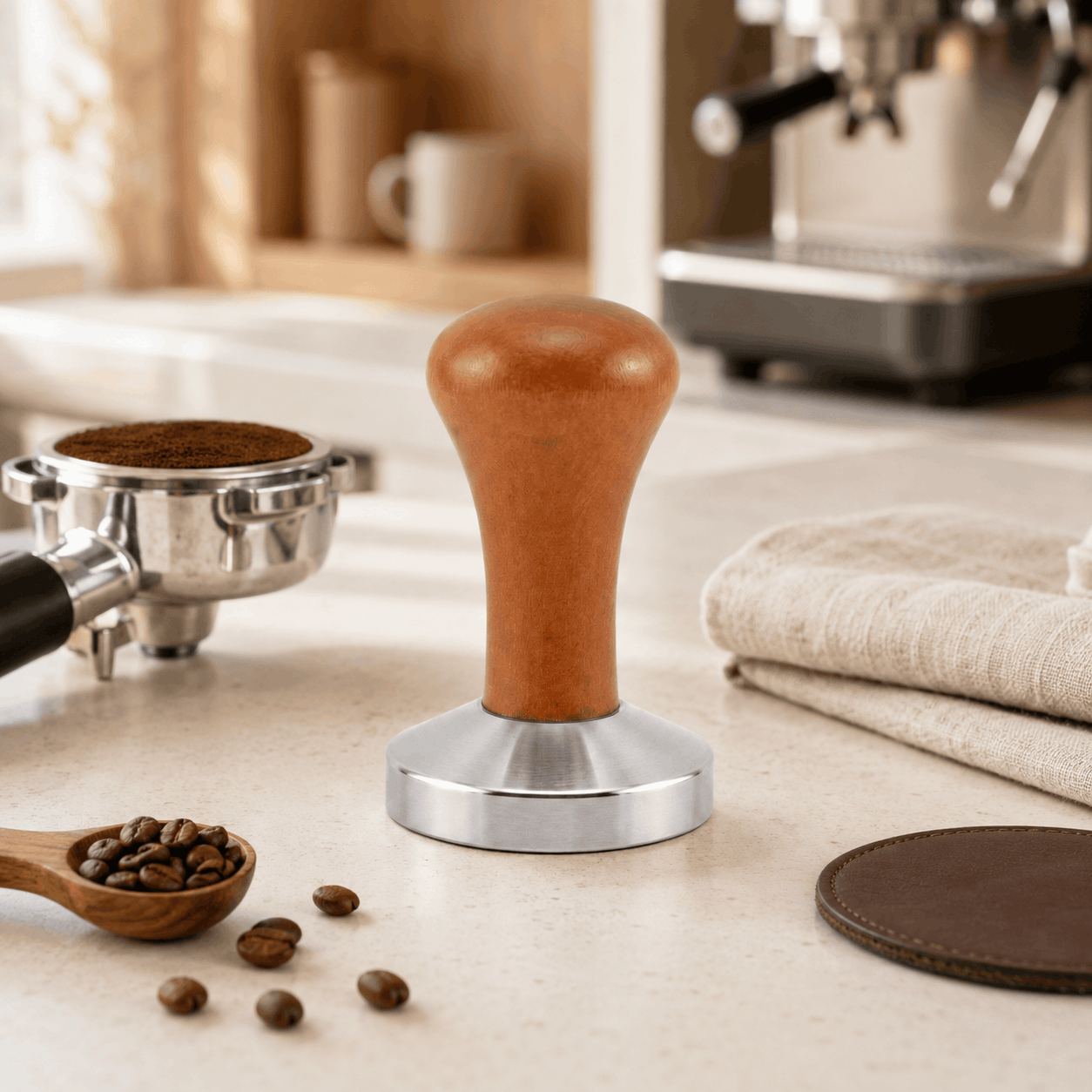 Mart 58 mm Stainless Steel Coffee Tamper With Wooden Handle Kaka Bawa Sons