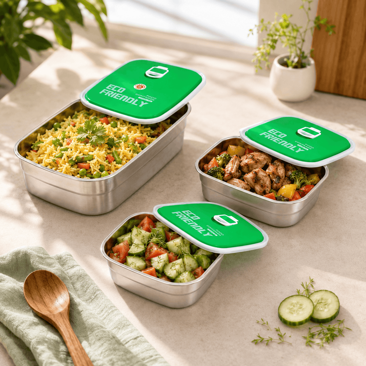 Tedemei 3-Pieces Stainless Steel Rectangular Food Container Sets Kaka Bawa Sons