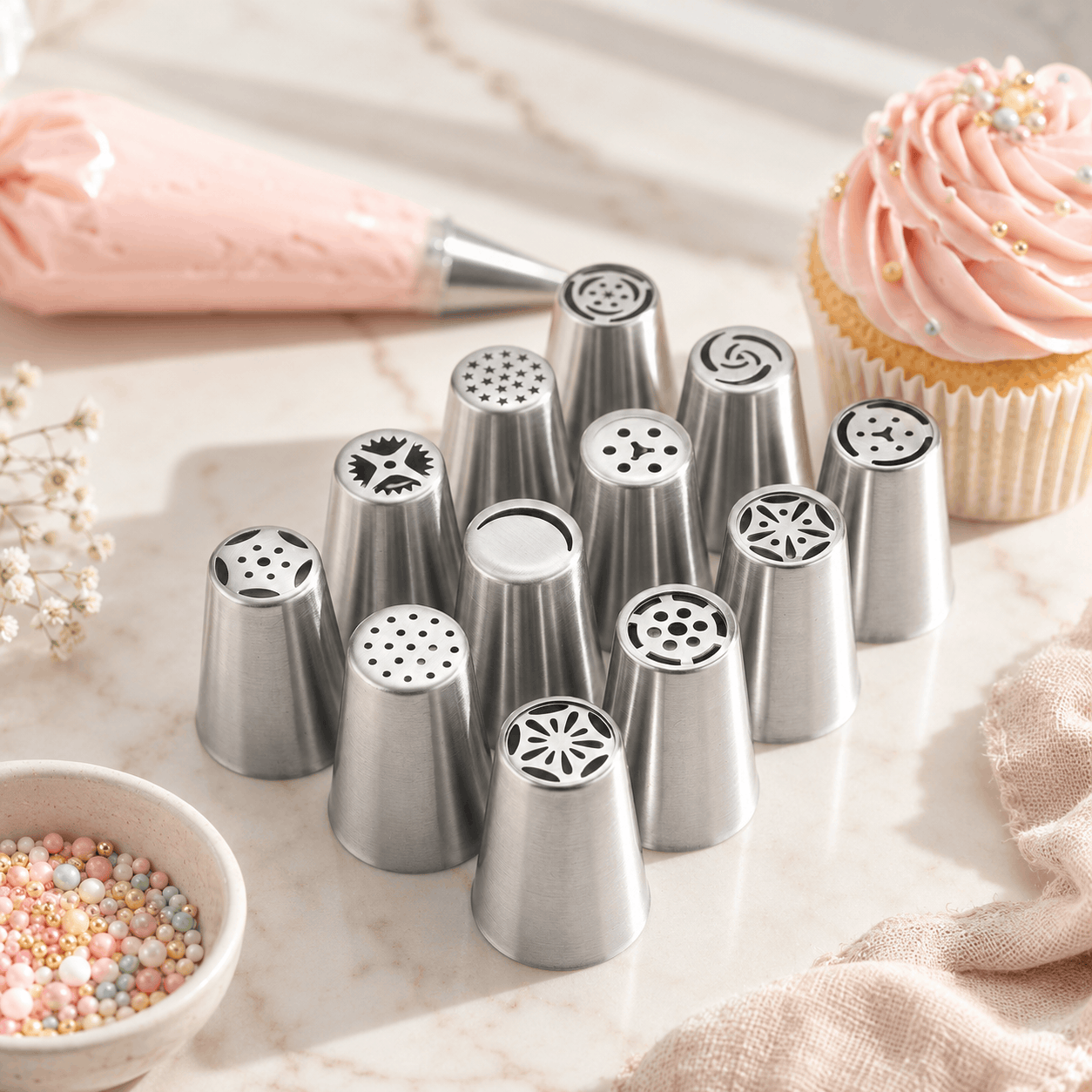Crest 12-Pieces Stainless Steel Large Icing Nozzles Set Kaka Bawa Sons
