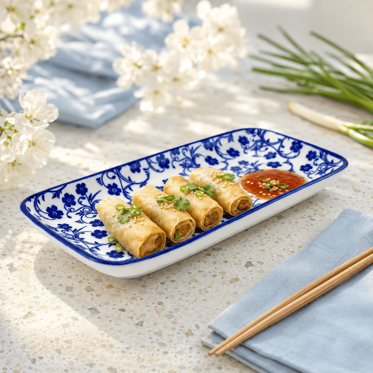 Gupan 8.5-Inches Rectangular Blue Floral Serving Tray Kaka Bawa Sons