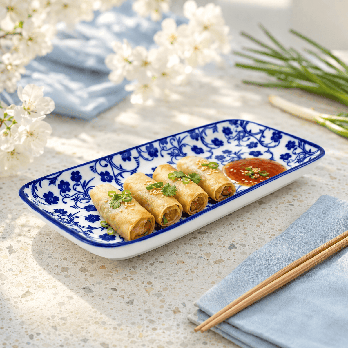 Gupan 8.5-Inches Rectangular Blue Floral Serving Tray Kaka Bawa Sons