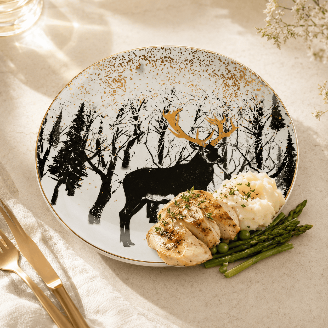Danny Home 10-Inches Woodland Stag Ceramic Flat Dinner Plate Kaka Bawa Sons