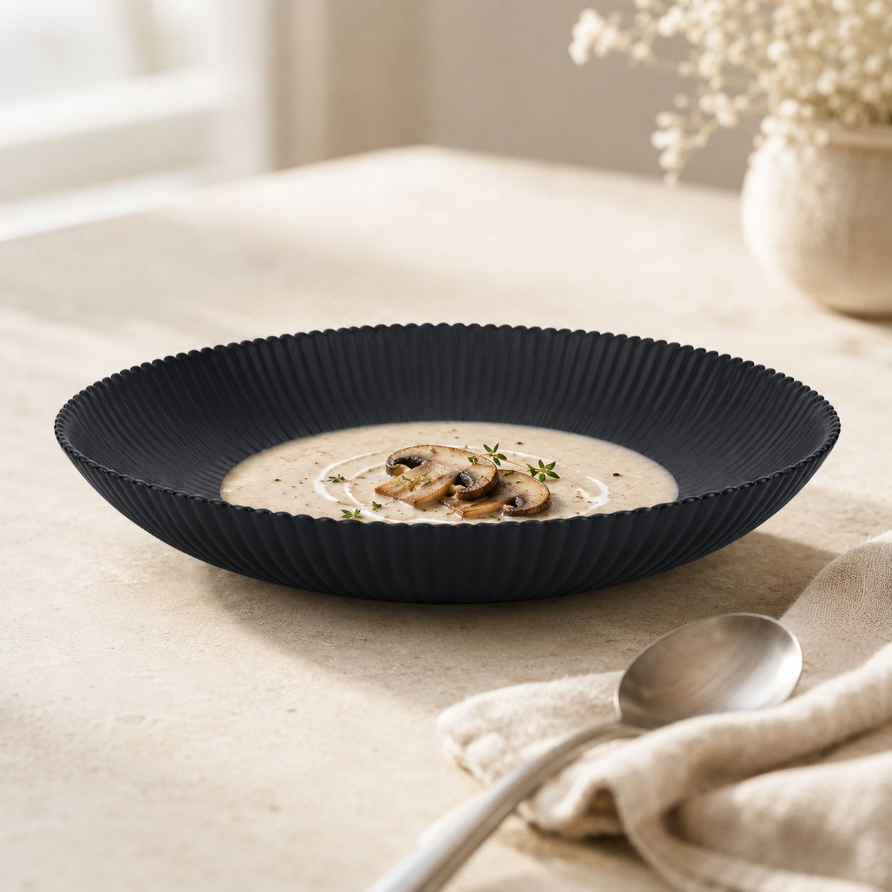 Home Table 8-inches Opal Black Marble Soup Plate