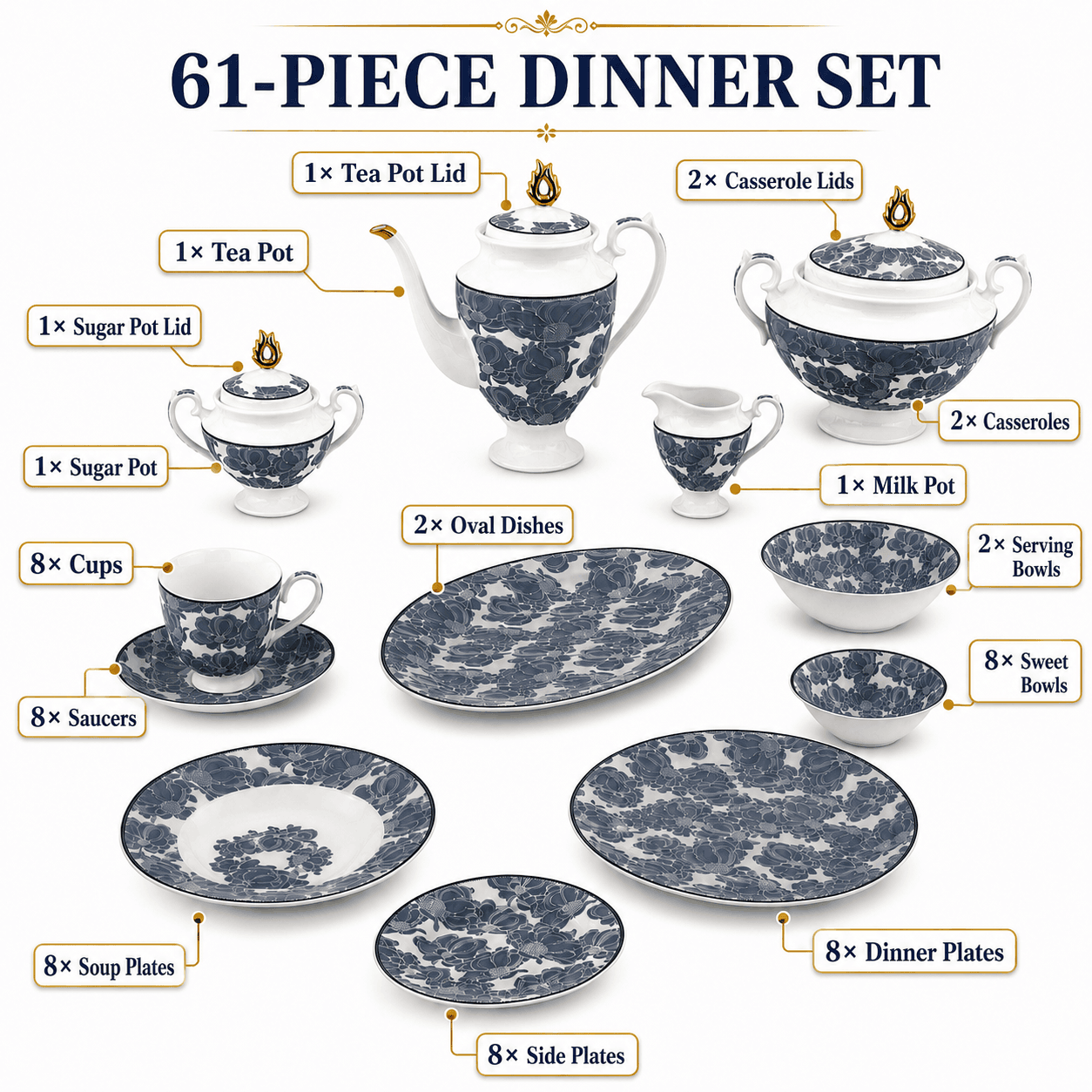 Royal 61-Pieces 8-Serving Bonne China Dinner Sets FY-Series Kaka Bawa Sons