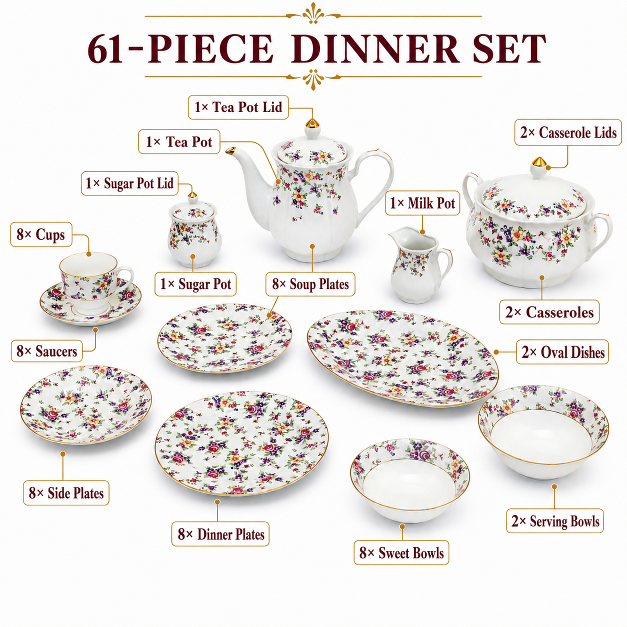 Royal 61-Pieces 8-Serving Bonne China Dinner Sets NG-Series