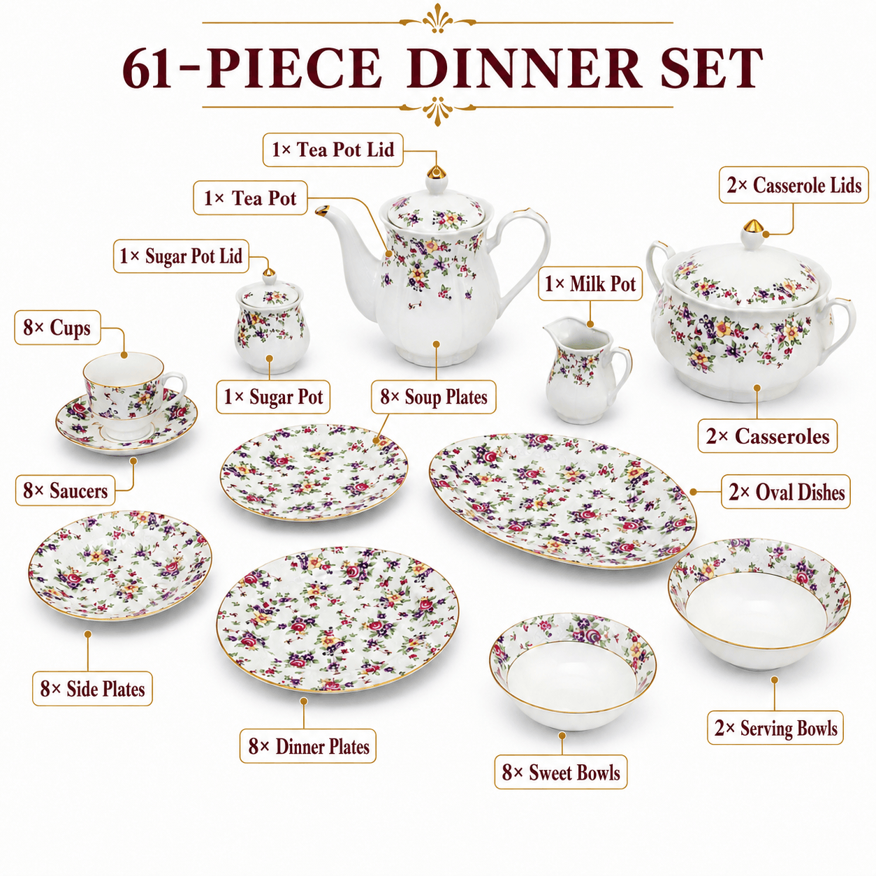 Royal 61-Pieces 8-Serving Bonne China Dinner Sets NG-Series Kaka Bawa Sons