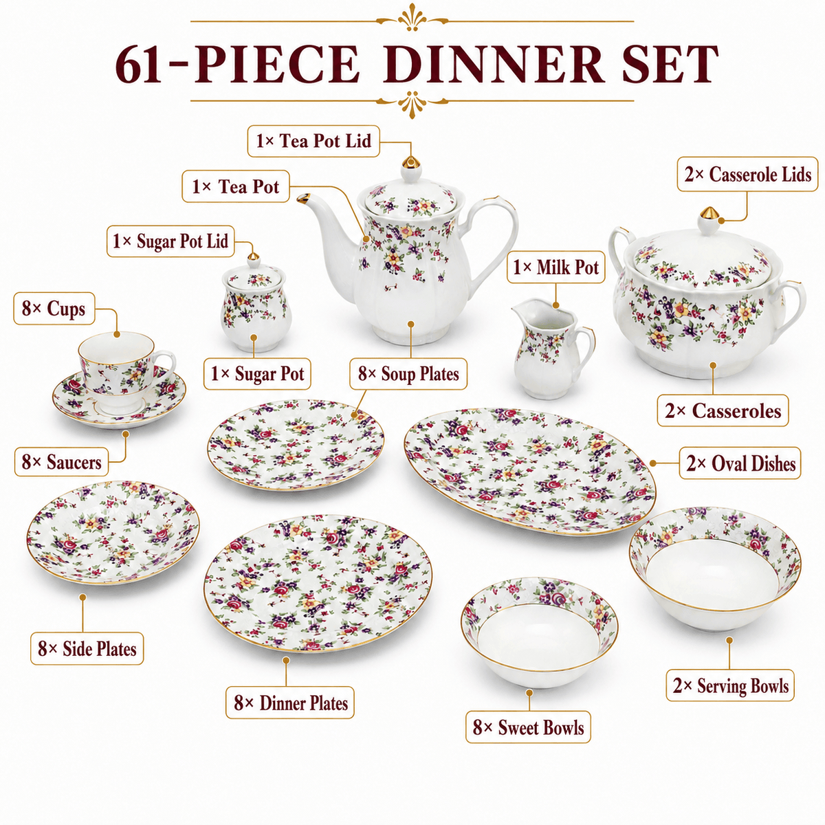 Royal 61-Pieces 8-Serving Bonne China Dinner Sets NG-Series Kaka Bawa Sons