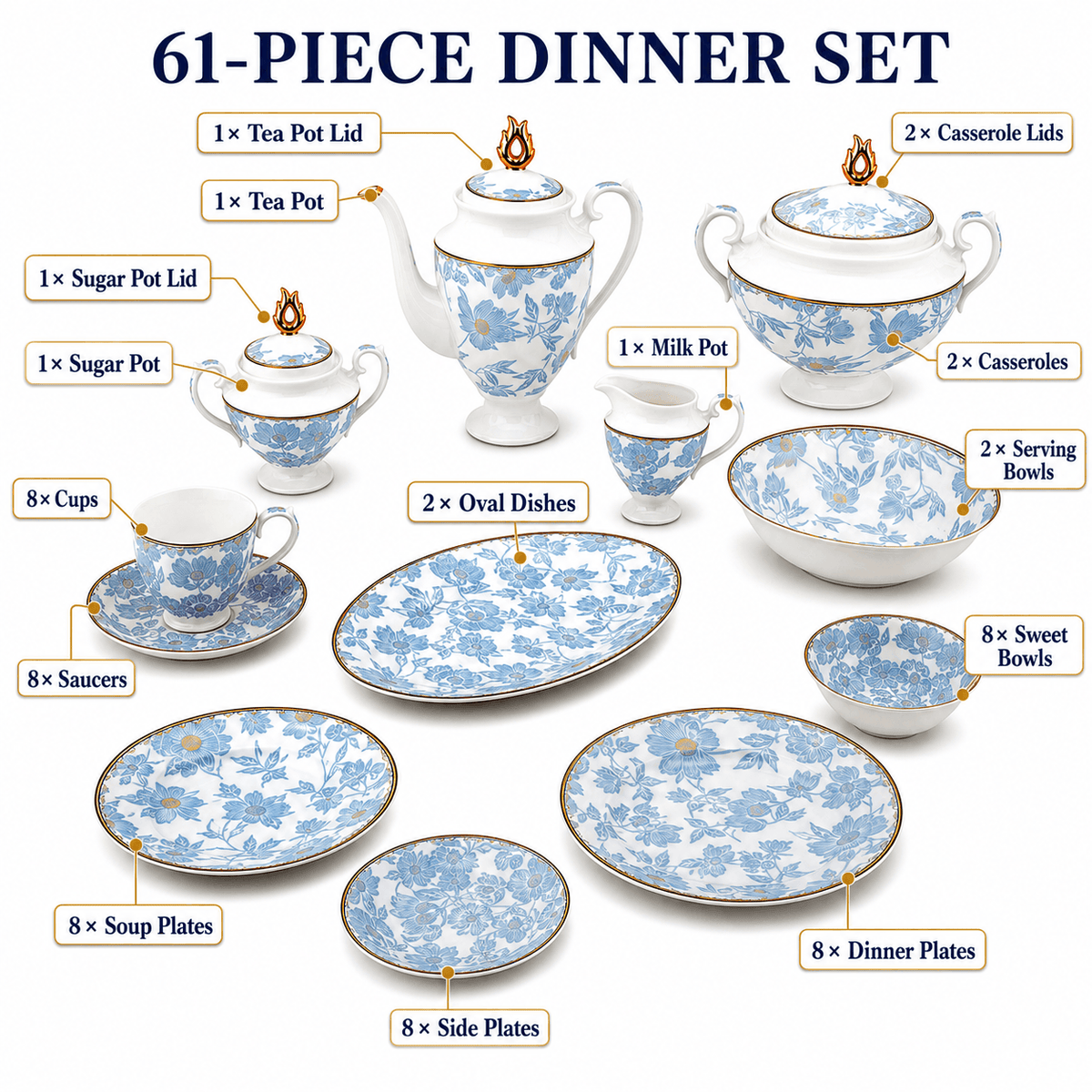 Royal 61-Pieces 8-Serving Bonne China Dinner Sets FY-Series Kaka Bawa Sons