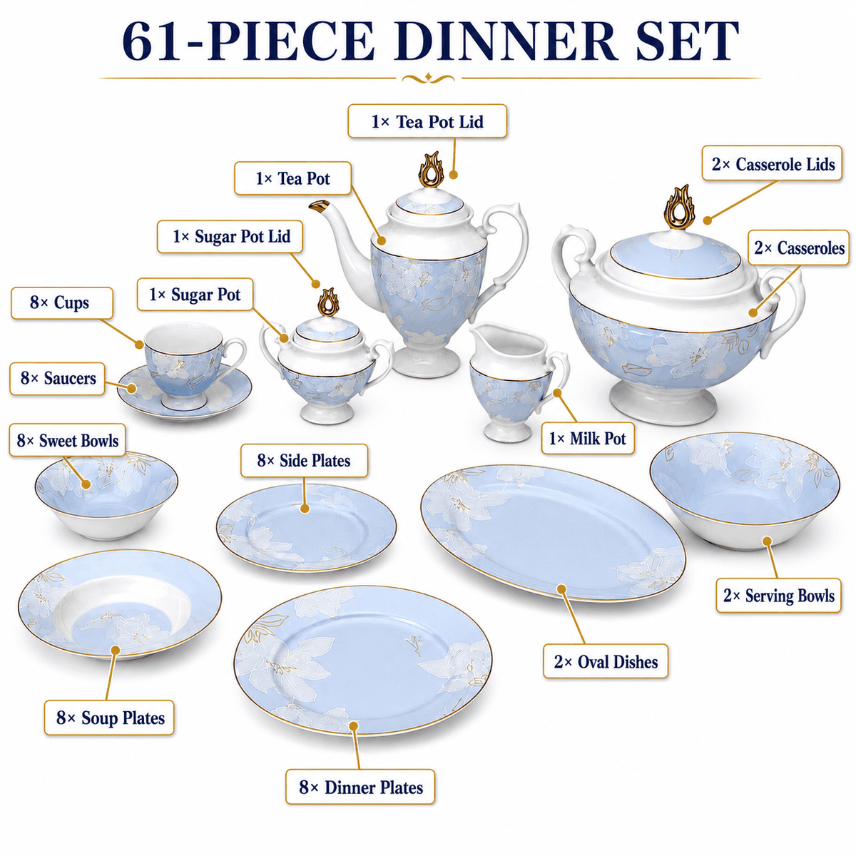 Royal 61-Pieces 8-Serving Bonne China Dinner Sets FY-Series Kaka Bawa Sons