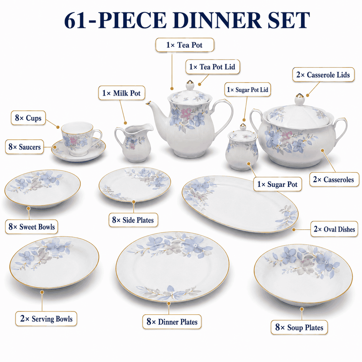 Royal 61-Pieces 8-Serving Bonne China Dinner Sets NG-Series Kaka Bawa Sons