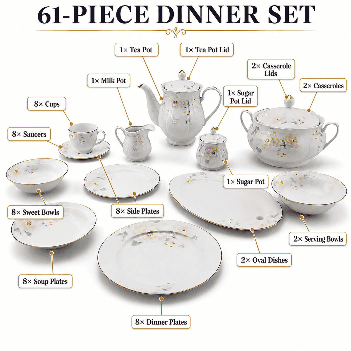 Royal 61-Pieces 8-Serving Bonne China Dinner Sets NG-Series Kaka Bawa Sons