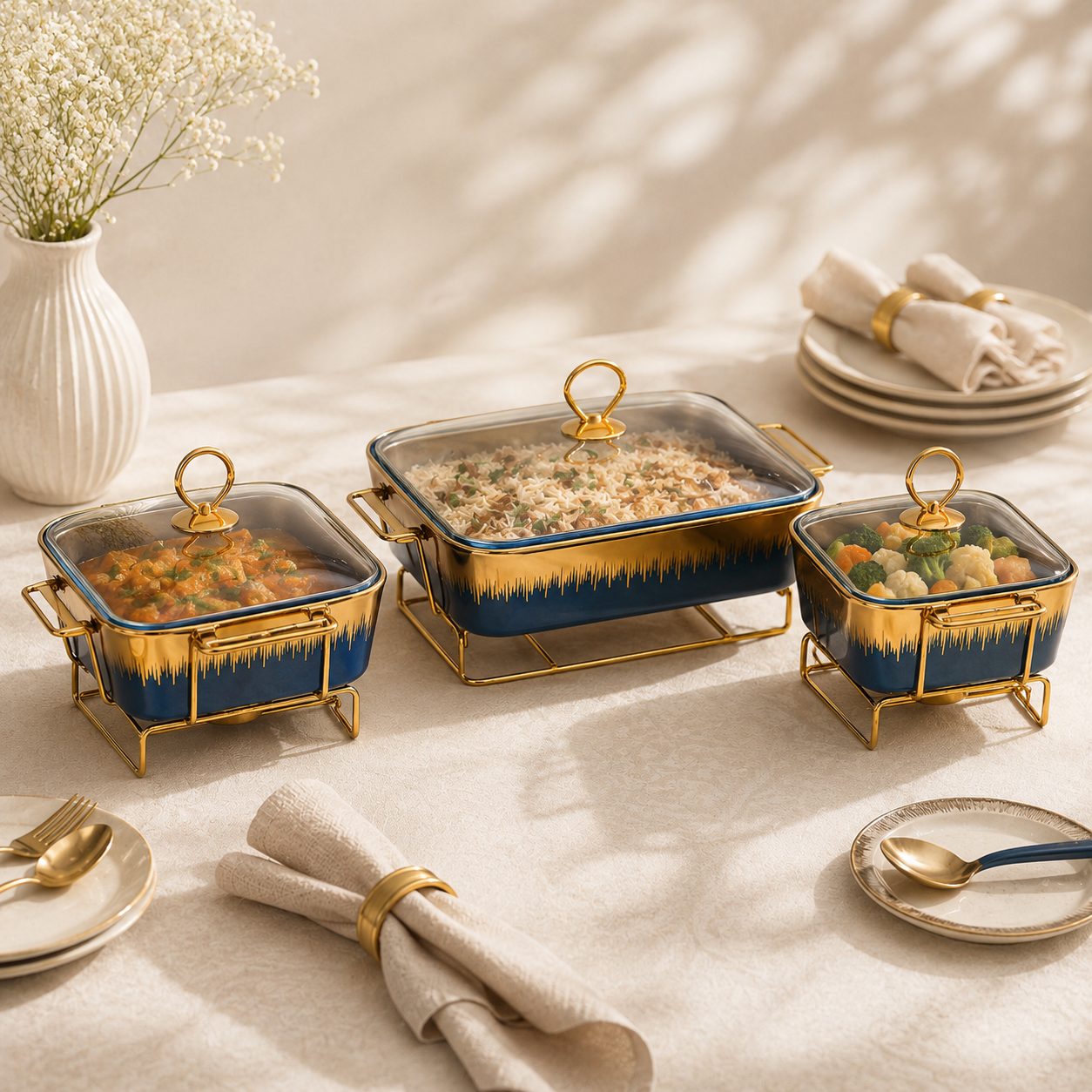 S/W Ceramic Rectangular Food Warmer Sets With Glass Lids AND Golden Metallic Stands