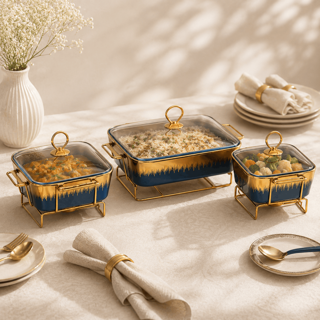 S/W Ceramic Rectangular Food Warmer Sets With Glass Lids AND Golden Metallic Stands Kaka Bawa Sons