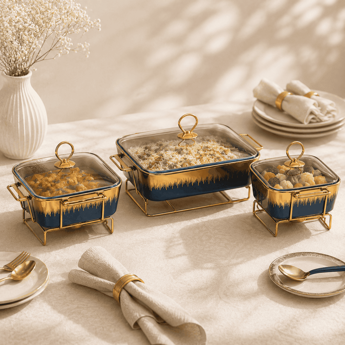 S/W Ceramic Rectangular Food Warmer Sets With Glass Lids AND Golden Metallic Stands Kaka Bawa Sons