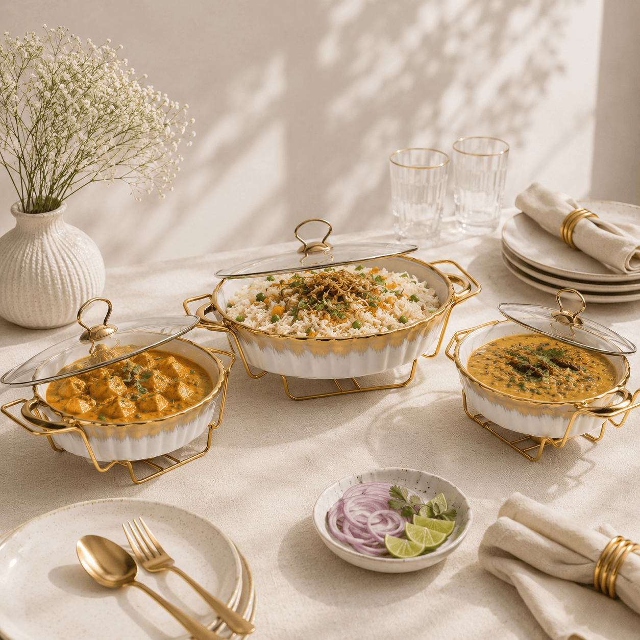S/W Ceramic Oval Food Warmer Set With Glass Lid And Golden Metallic Stands Kaka Bawa Sons