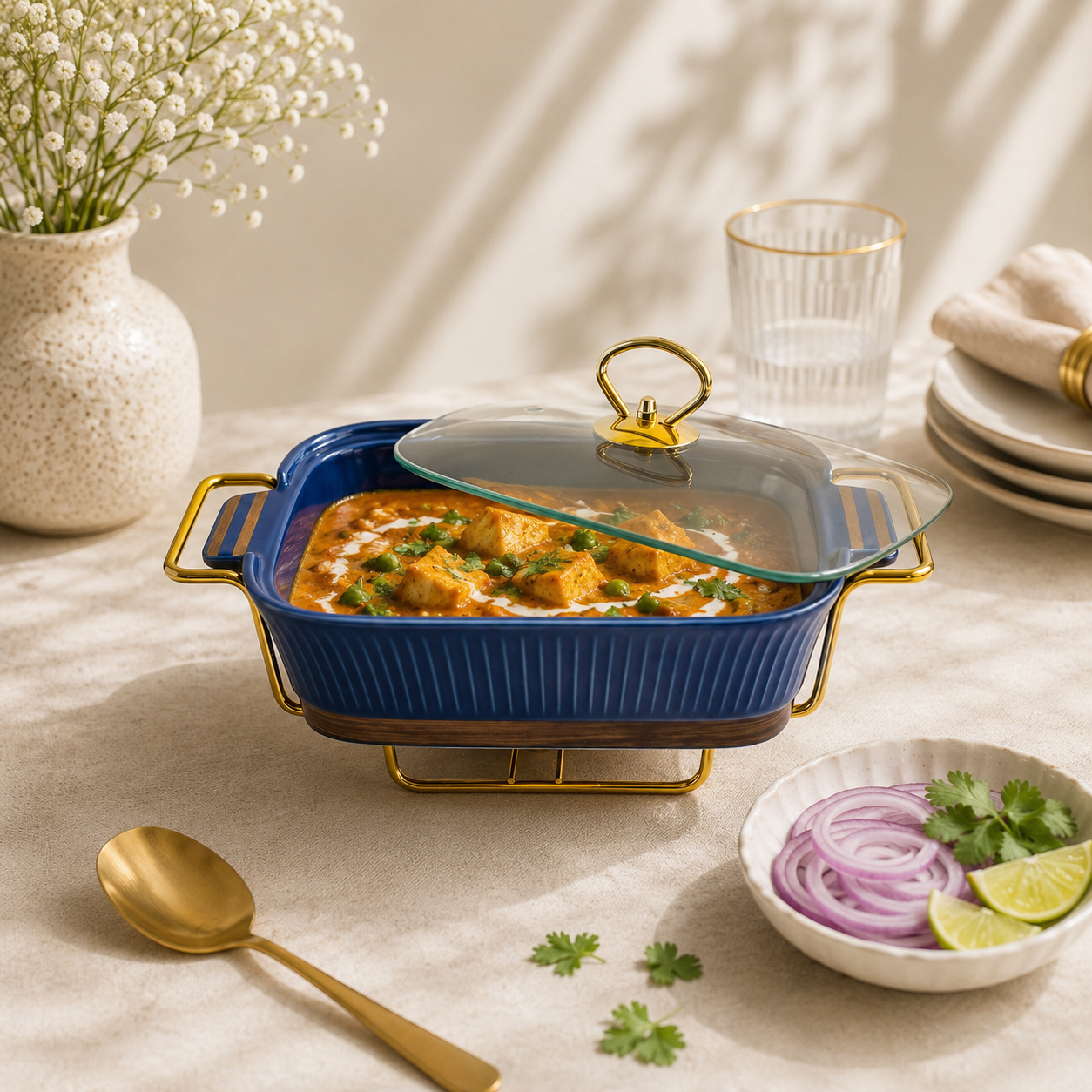 UK Parliament Rectangular Ceramic Food Warmers With Glass Lid AND Golden Metallic Stand
