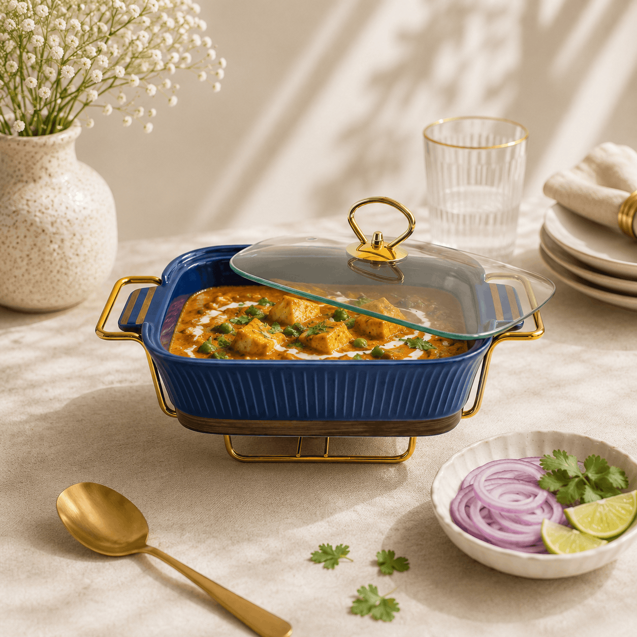UK Parliament Rectangular Ceramic Food Warmers With Glass Lid AND Golden Metallic Stand Kaka Bawa Sons