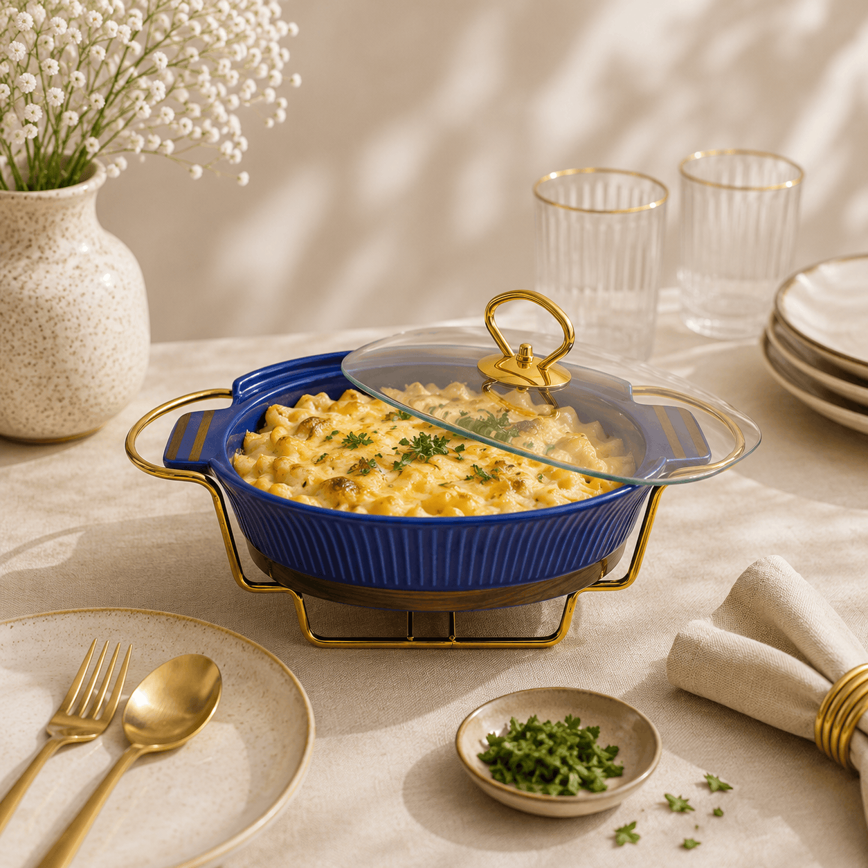 UK Parliament Ceramic Oval Food Warmers With Glass Lid AND Golden Metallic Stand Kaka Bawa Sons