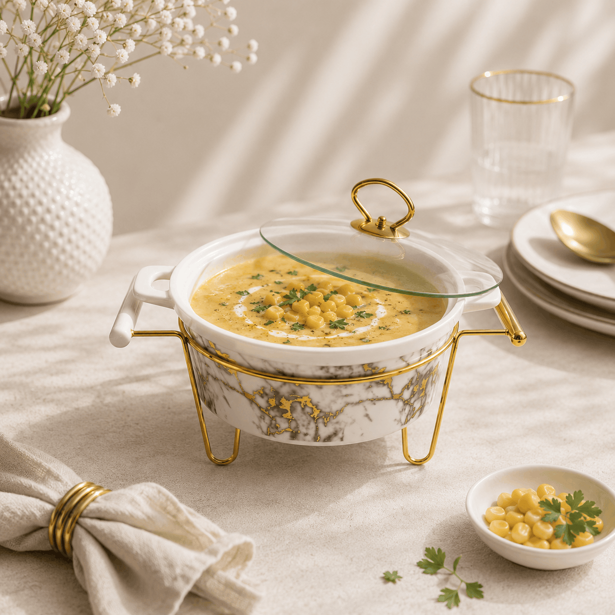 S/W Ceramic Imperial White Warmer Casserole With Glass Lid AND Golden Metallic Stand Kaka Bawa Sons
