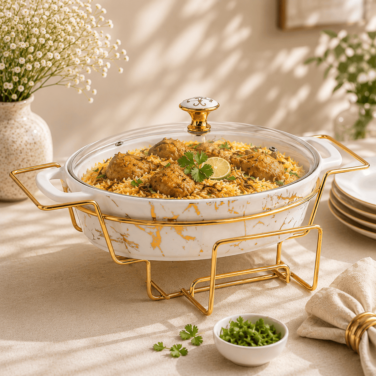 Brilliant 13.5-Inches Oval Ceramic Imperial White Casserole With Glass Lid AND Golden Metallic Stand Kaka Bawa Sons
