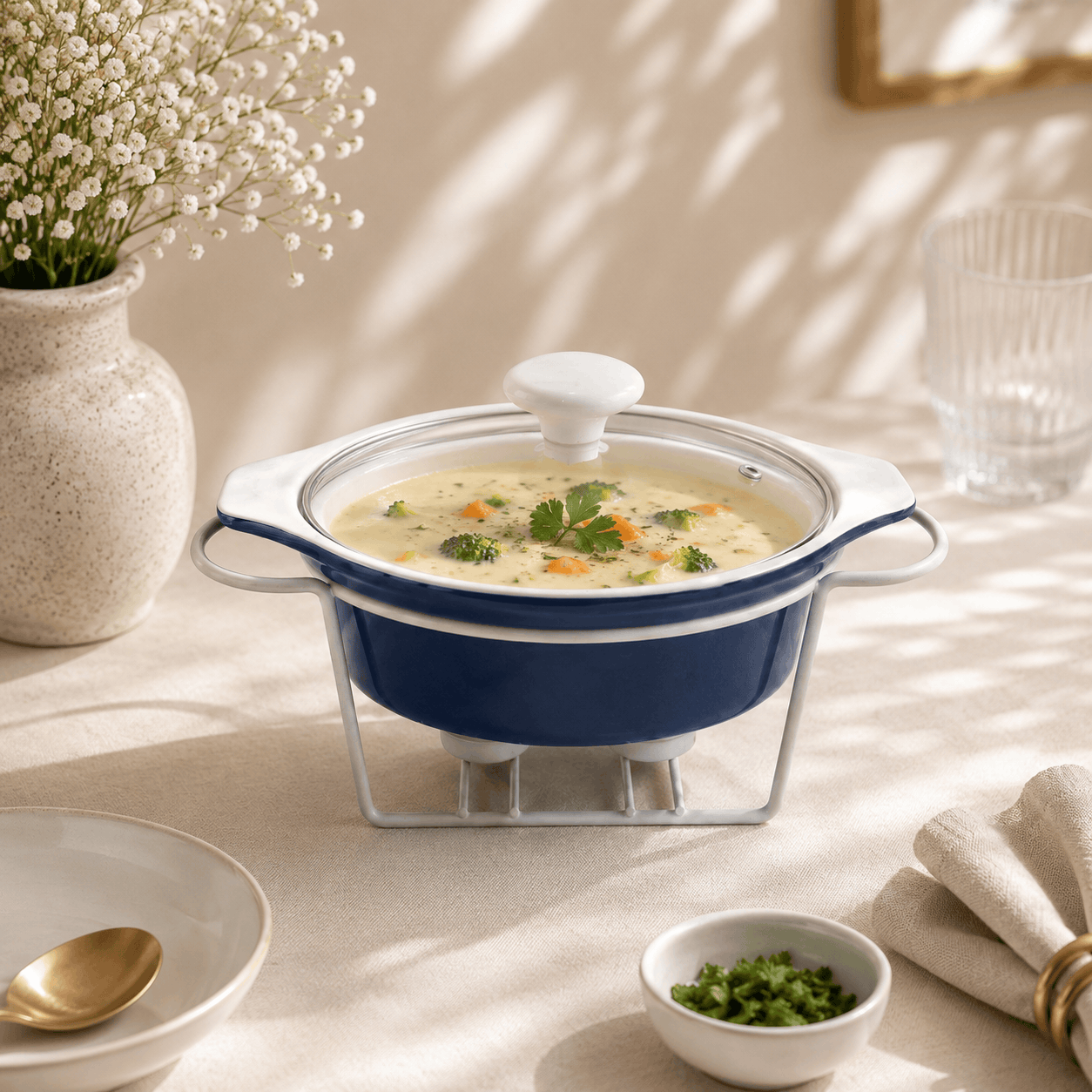 Brilliant Ceramic Oval Blue Plain Casseroles With Glass Lid AND White Metallic Stand Kaka Bawa Sons