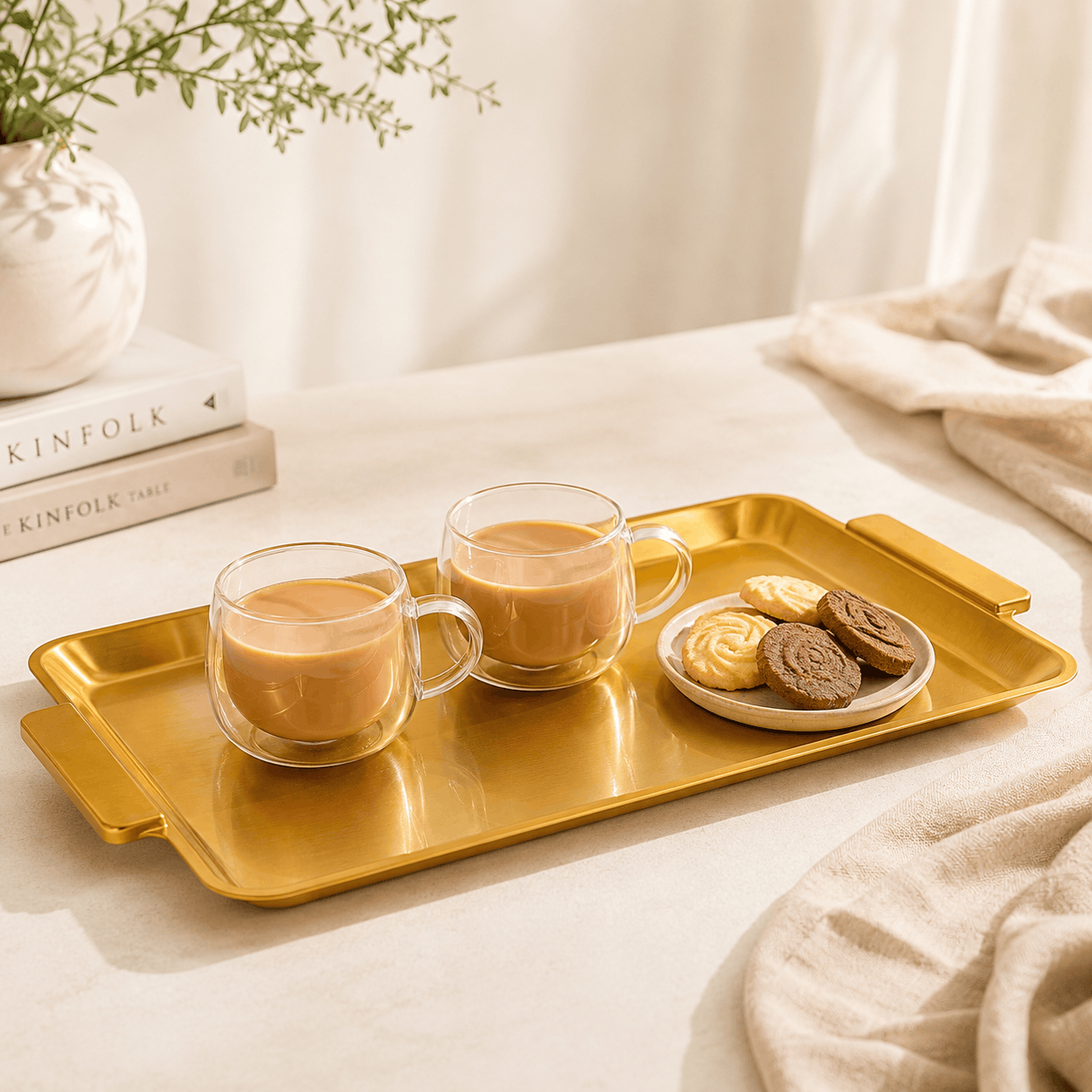 T.D.L 40*24 Cm Stainless Steel With Electric Golden Coating Rectangular Tray Kaka Bawa Sons