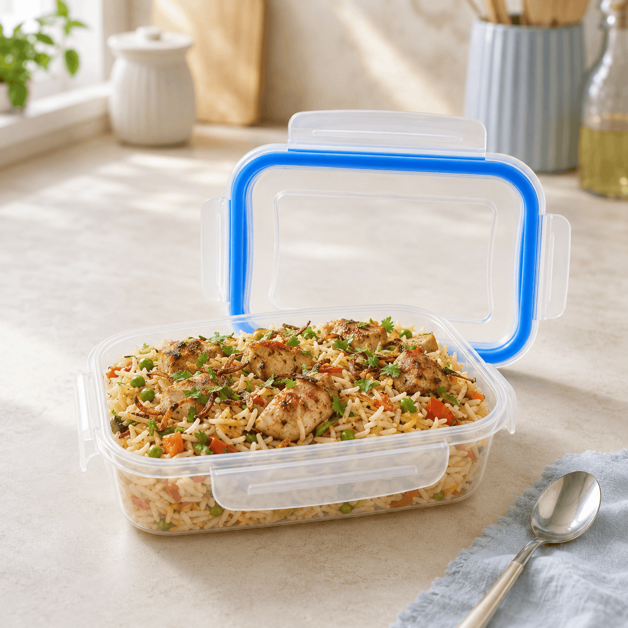 Home Table 1-Liter 960g Light Blue Plastic Food Containers With Lock Lid Kaka Bawa Sons