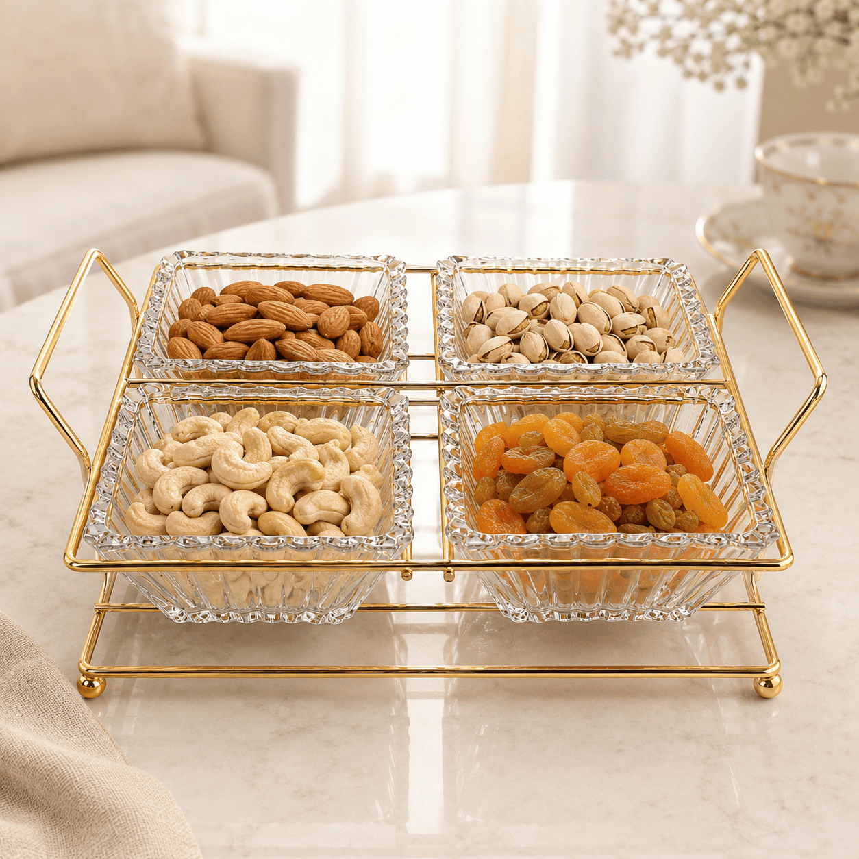 Danny Home 5-Piece Square Glass Serving Set With Golden Steel Stand Kaka Bawa Sons
