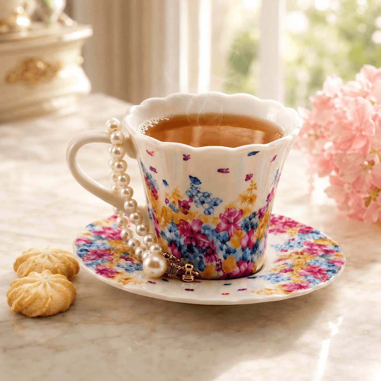 Danny Home 230 ML Floral Ceramic Cup and Saucer With Decorative Pearl Bracelet Kaka Bawa Sons