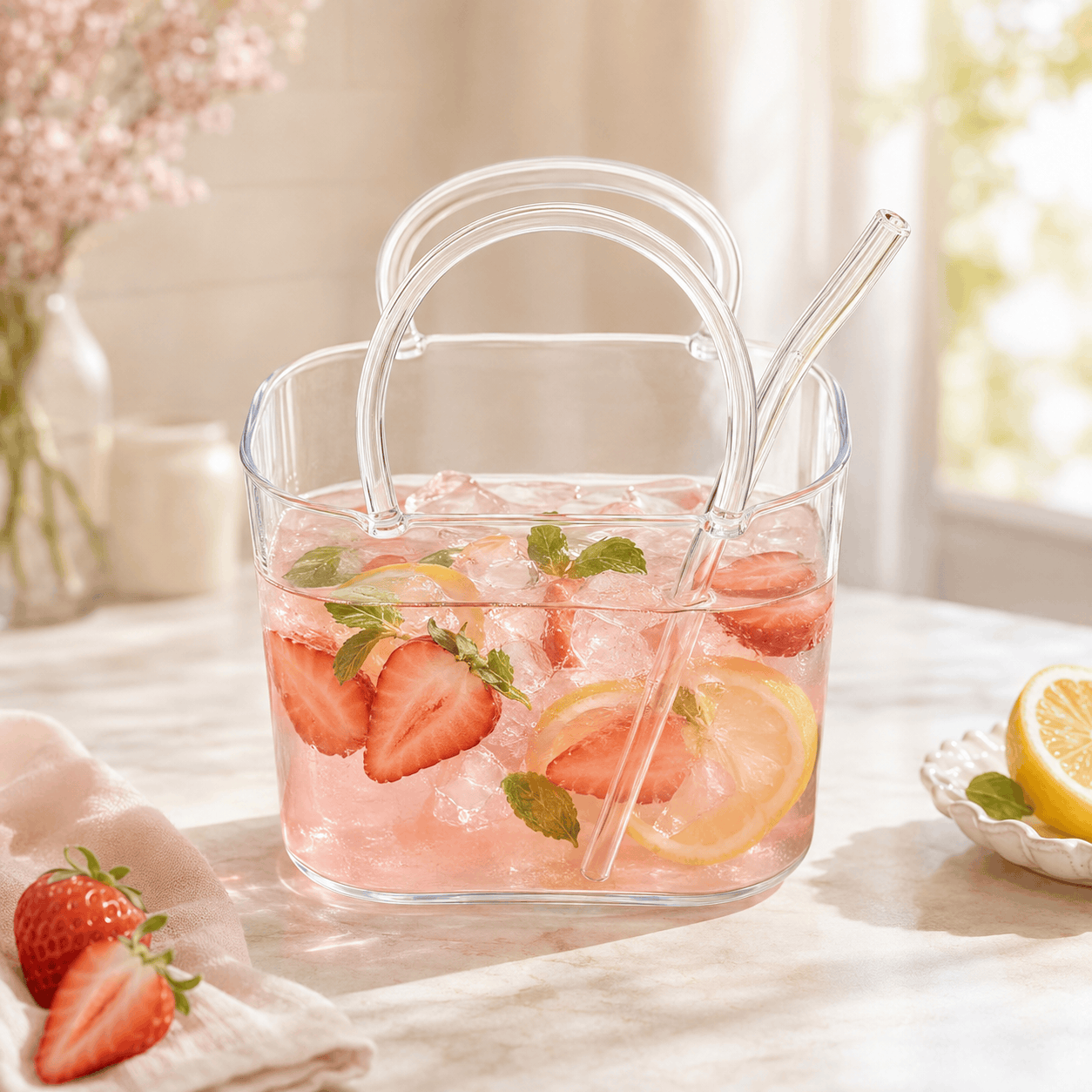 D.W.M 750 ML Glass Handbag Style Drinking Cup With Glass Straw Kaka Bawa Sons
