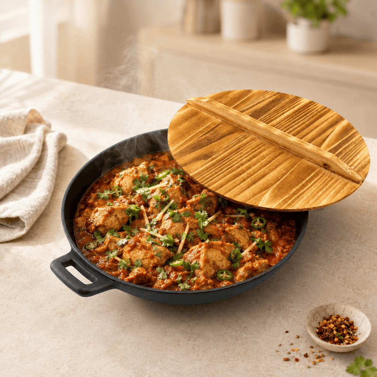 Prime Cast Iron Black Woks With Wooden Lid Kaka Bawa Sons