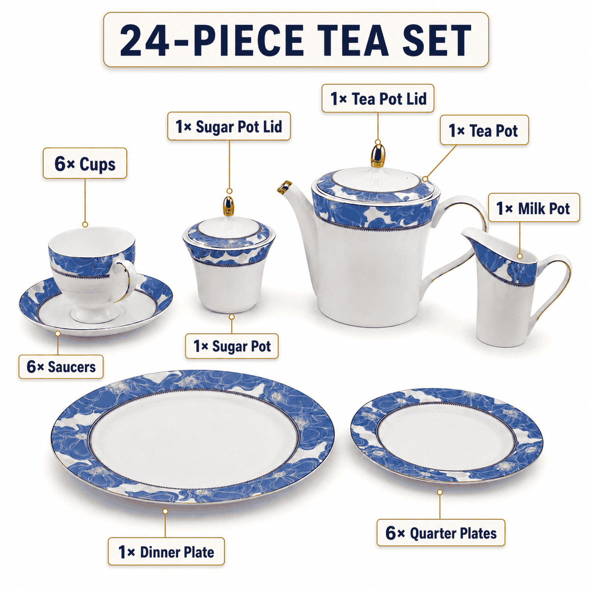 Onemore 24-Pieces 6-Serving Fine Bonne China Tea Sets Kaka Bawa Sons