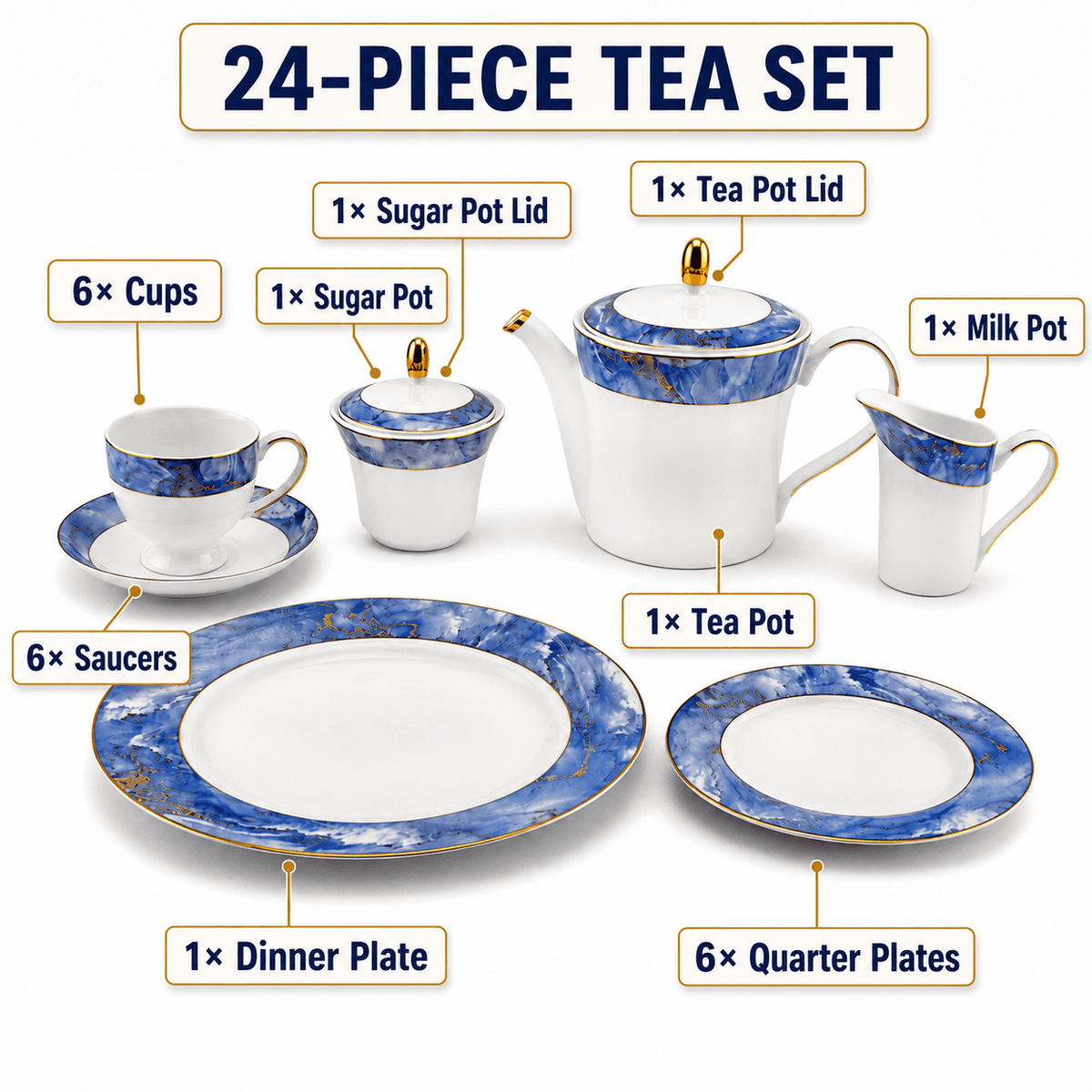 Onemore 24-Pieces 6-Serving Fine Bonne China Tea Sets Kaka Bawa Sons