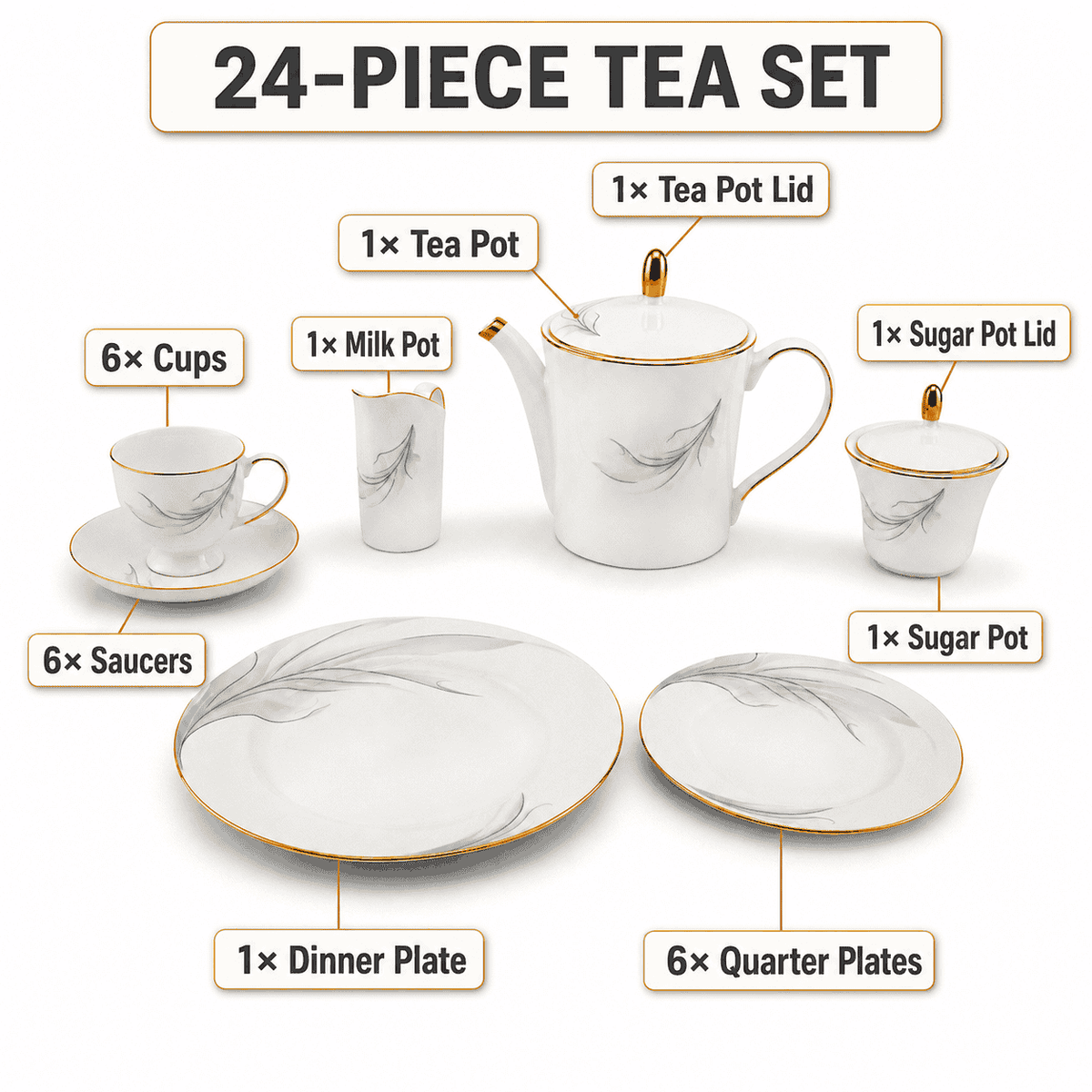 Onemore 24-Pieces 6-Serving Fine Bonne China Tea Sets Kaka Bawa Sons