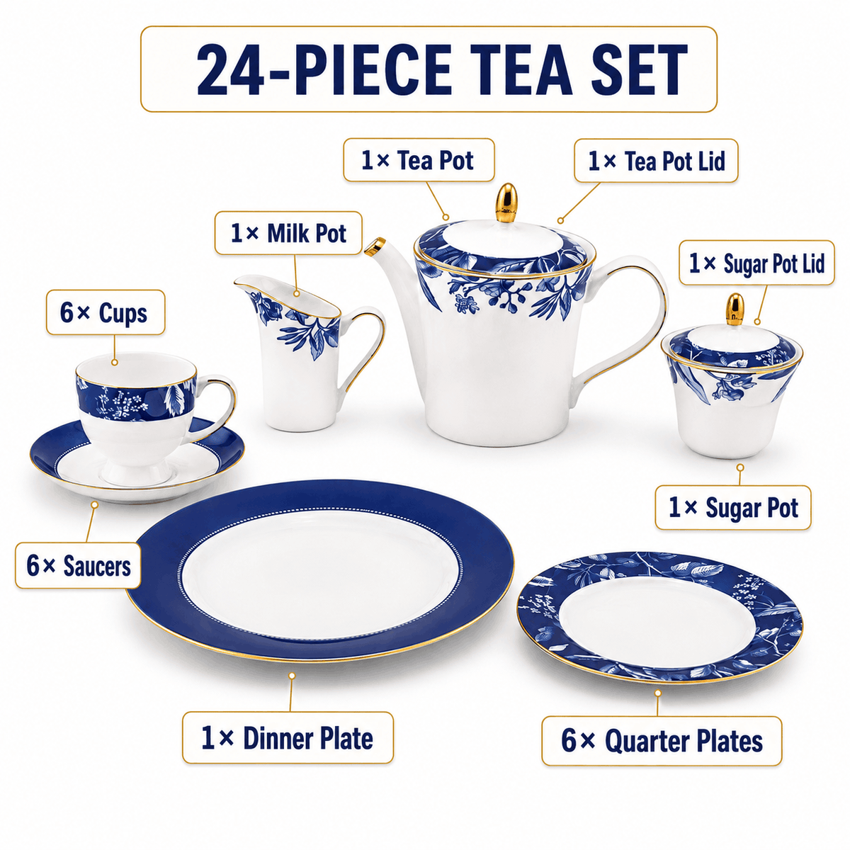 Onemore 24-Pieces 6-Serving Fine Bonne China Tea Sets Kaka Bawa Sons