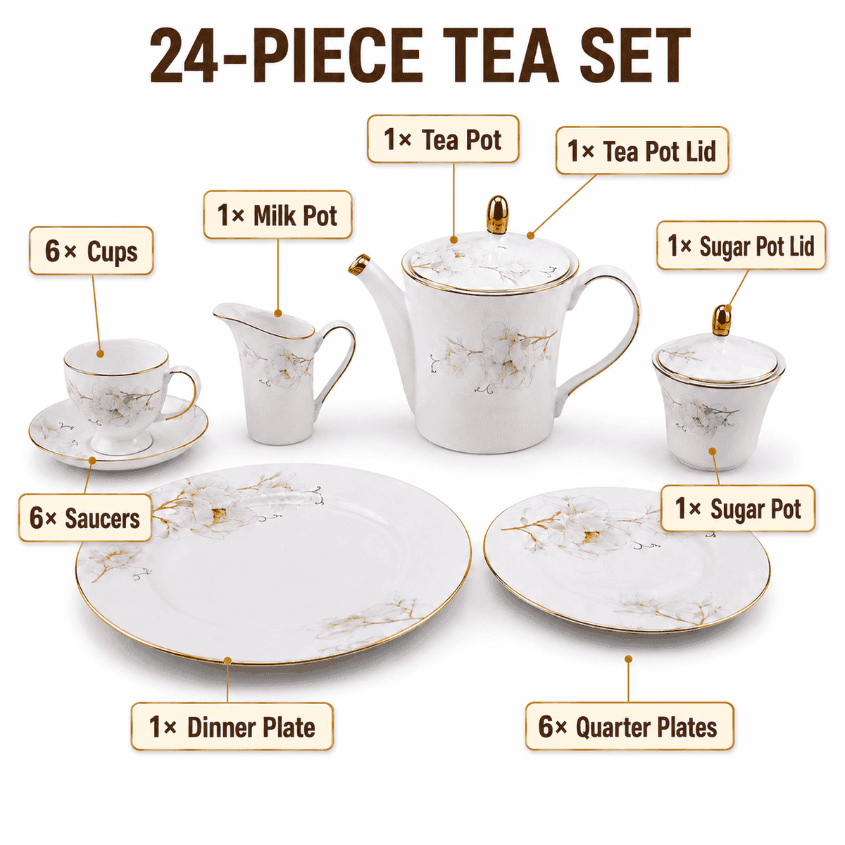 Onemore 24-Pieces 6-Serving Fine Bonne China Tea Sets Kaka Bawa Sons