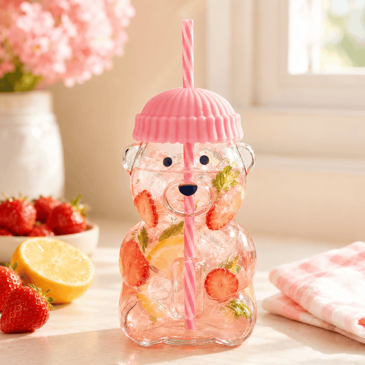 D.W.M 650 ML Bear Shaped Glass Mason Jars With Straw Kaka Bawa Sons