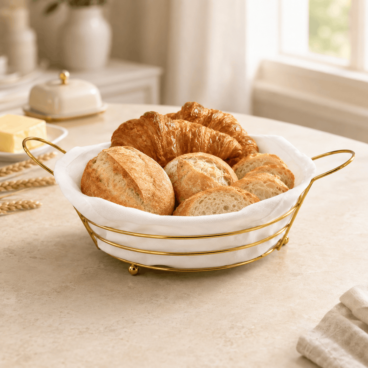 Pinpin Golden Metal Bread Basket with Fabric Lining Kaka Bawa Sons