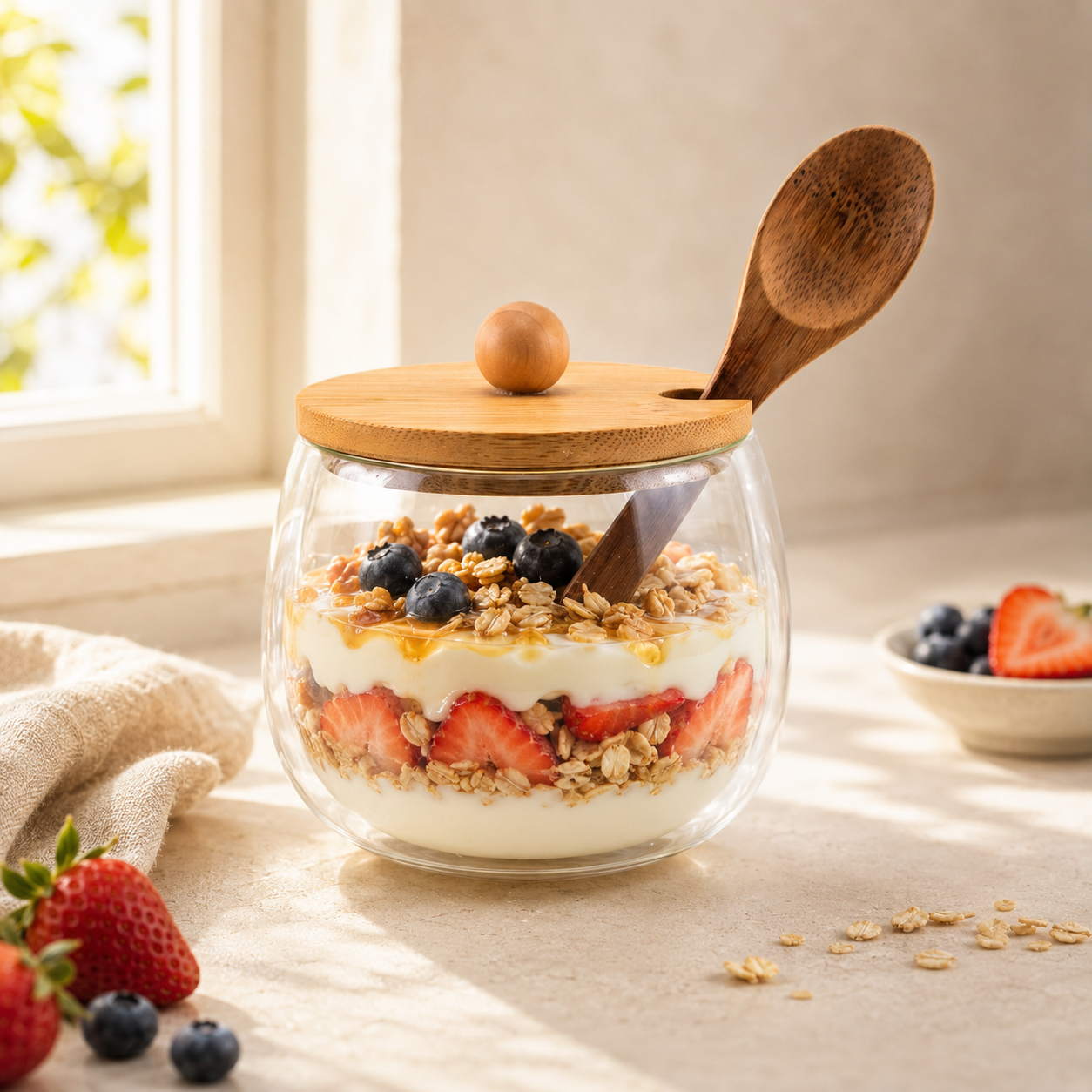 D.W.M 170 ML Double Wall Glass Mason Jar With Wooden Spoon