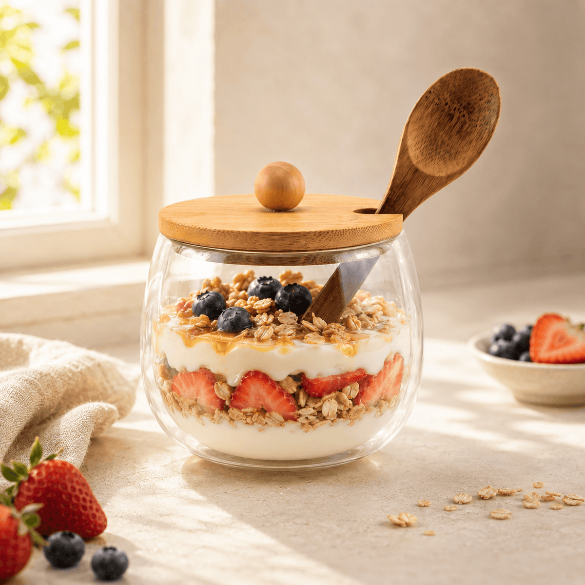 D.W.M 170 ML Double Wall Glass Mason Jar With Wooden Spoon Kaka Bawa Sons