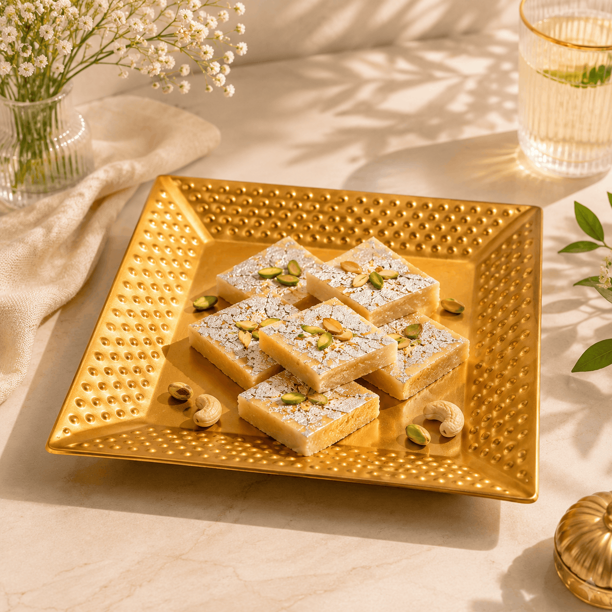 T.D.L Stainless Steel With Electric Golden Coating Square Hammered Serving Trays Kaka Bawa Sons
