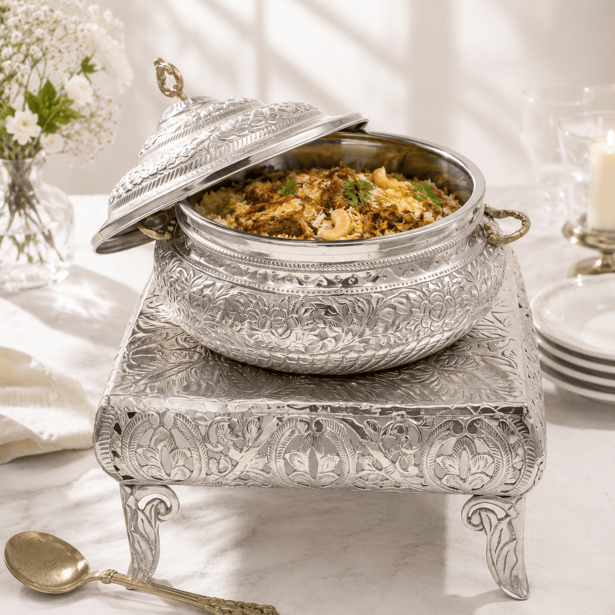 G.N 5-Liter, 4-Person Hand-Crafted Round Silver Brass Food Warmer With Stand AND Stainless Steel Pot Kaka Bawa Sons