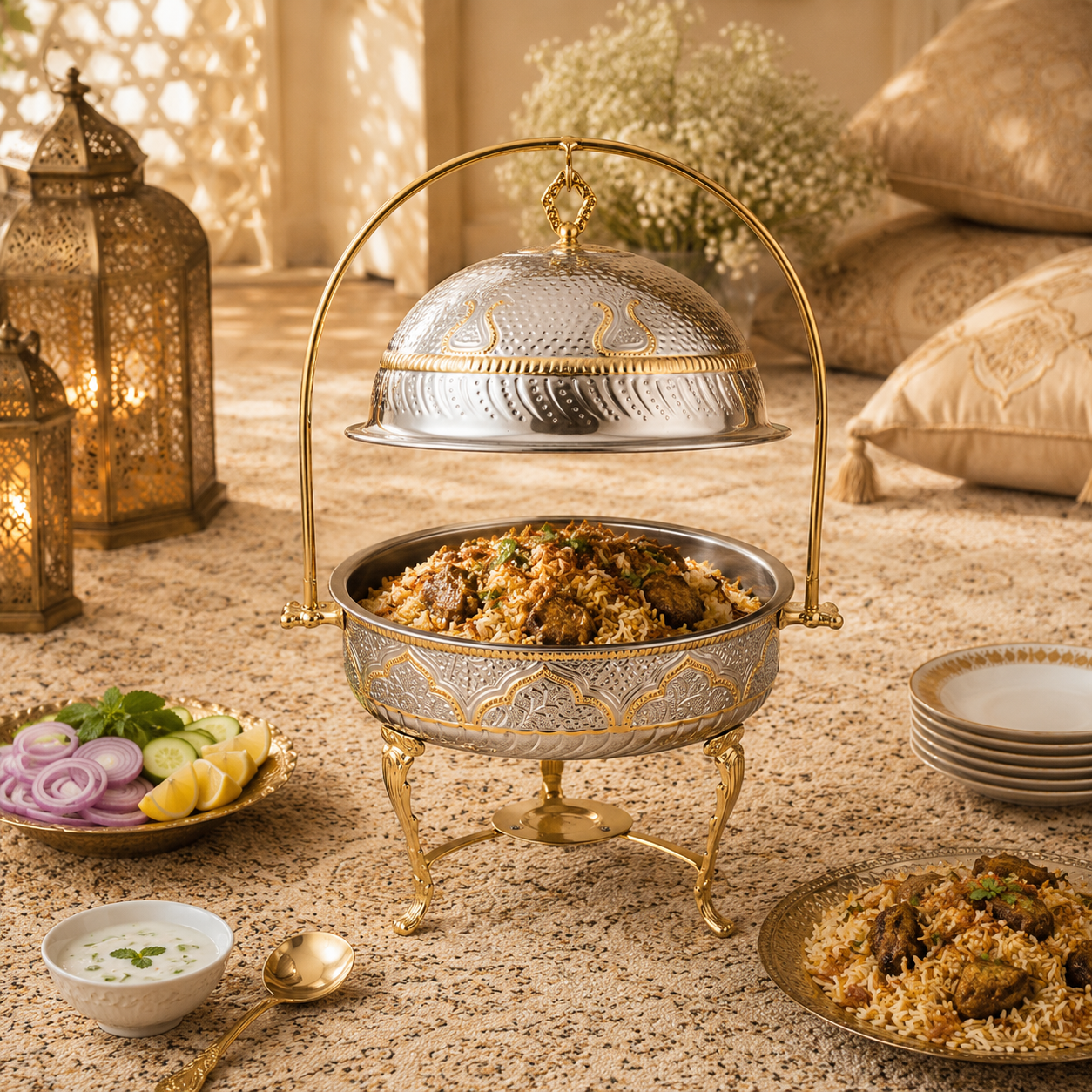G.N 4-Liters, 4-person Round Hand-Crafted Round Brass Lift-Top Chafing Dishes With Golden Stand