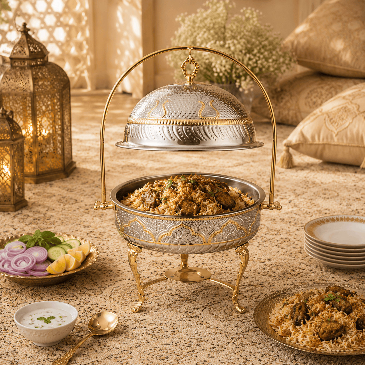 G.N 4-Liters, 4-person Round Hand-Crafted Round Brass Lift-Top Chafing Dishes With Golden Stand Kaka Bawa Sons