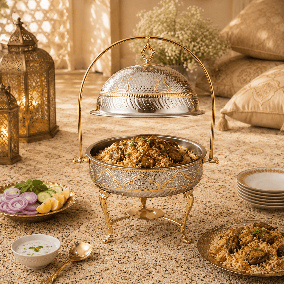 G.N 4-Liters, 4-person Round Hand-Crafted Round Brass Lift-Top Chafing Dishes With Golden Stand Kaka Bawa Sons