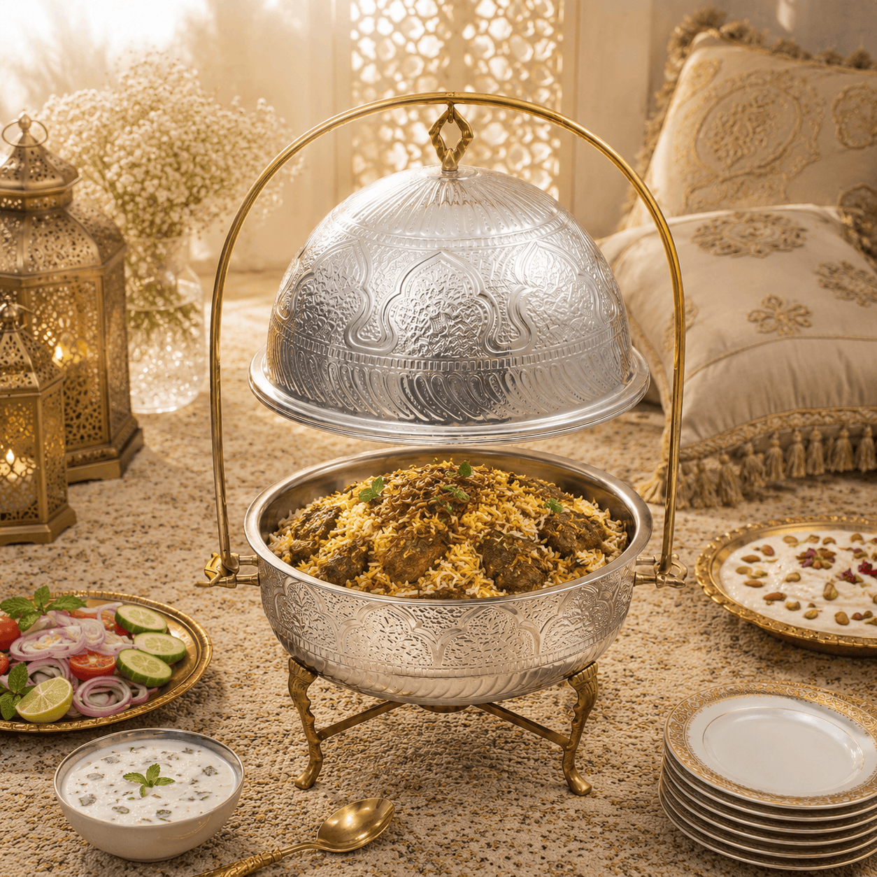 G.N 5-liter, 5-person Hand-Crafted Brass Round Lift-Top Chafing Dishes Kaka Bawa Sons