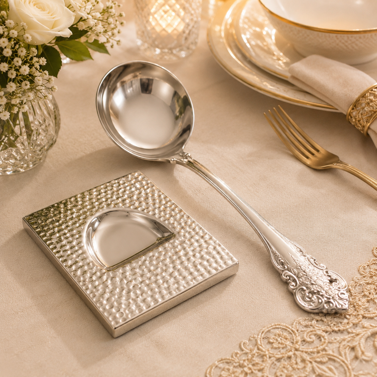 G.N 4.5*5 Inches Silver Brass Rectangular Serving Spoon Rest