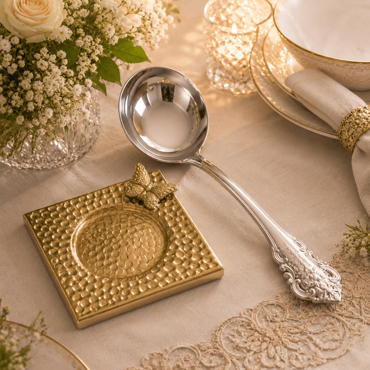 G.N 5*5 Inches Square Hammered Golden Brass Butterfly Design Spoon Rest Kaka Bawa Sons
