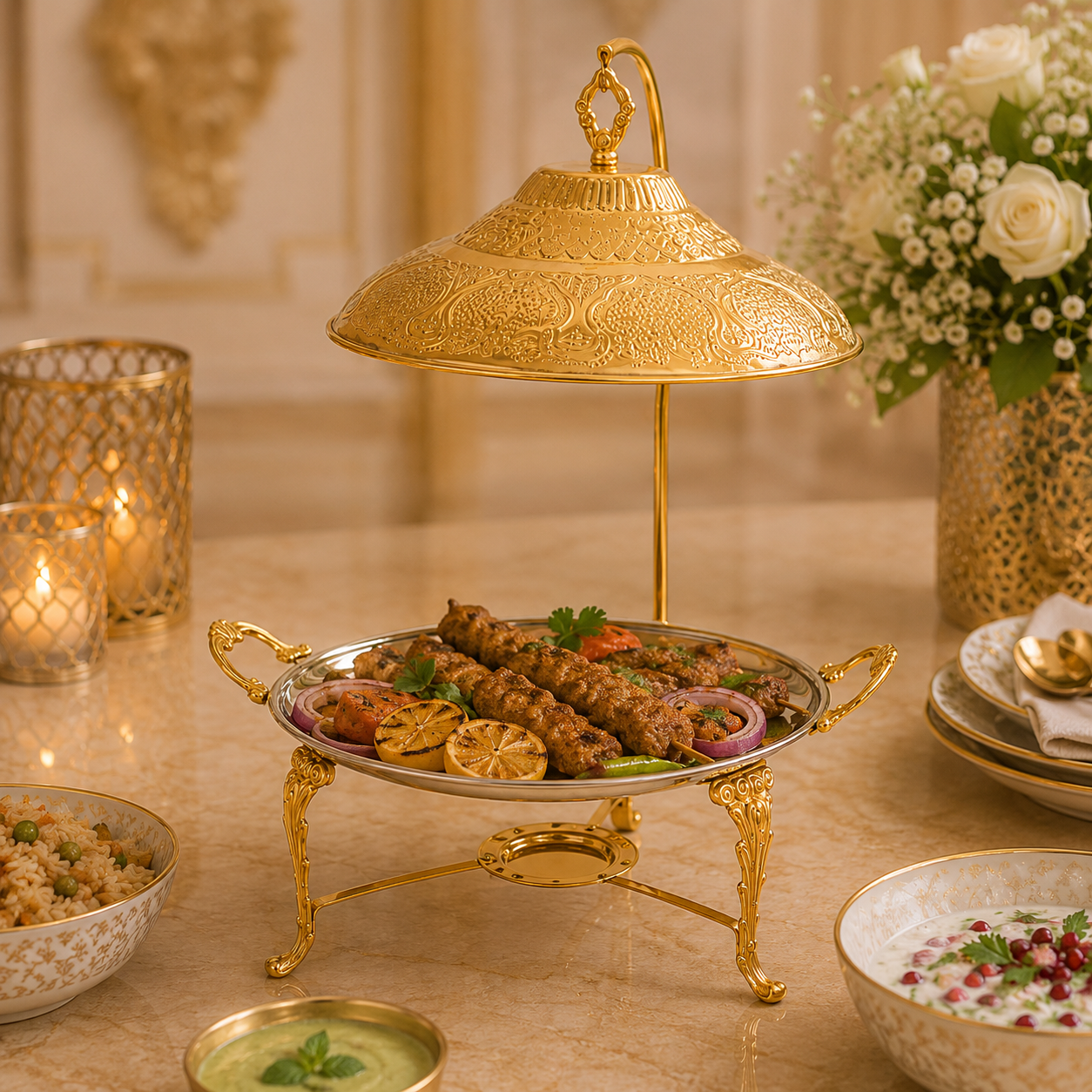 G.N 14-Inches, 3-Person Round Brass Top-Lid Barbeque Platter With Golden Stand